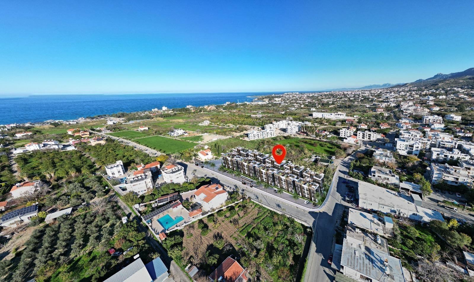 Aerial view with Grand Lapta marked, the sea a short walk away